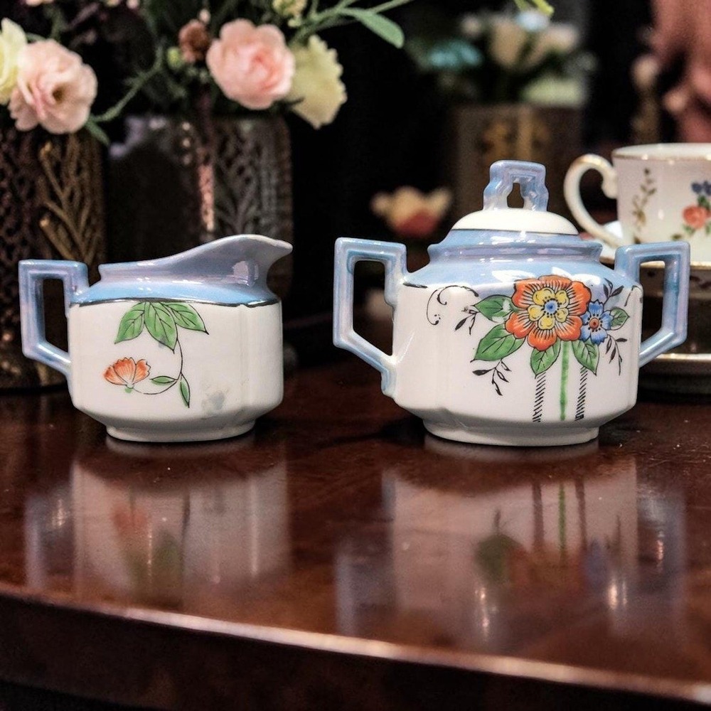 Japanese Lustreware Cream & Sugar Bowl, Vintage Iridescent Floral Porcelain